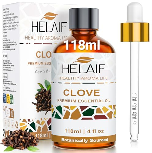HELAIF Aceite Esencial de Clavo 118 ml - 4 oz Extracto Destilado Refrescante y Protector ideal para Aromaterapia Limpieza Difusores y Bricolaje