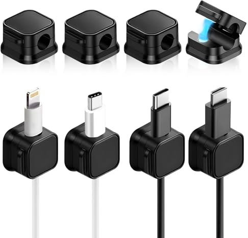 8 Clips Organizadores de Cables | Clips Sujetacables | Sujetacables Magnéticos | Clips Organizadores de Cables Adhesivos para Escritorio Teléfono Carga USB HDMI Audio PC Oficina Hogar (Negro)