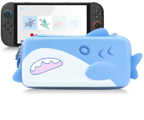 GeekShare Hard Carrying Case for Switch 2(2025), Portable Protective Case with 12 Game Card Holders, Cute Large Capacity Storage Bag Compatible with Switch 2 Console & Game Accessories - Shark Party