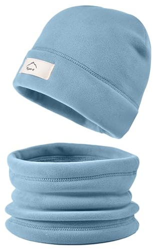 crazy bean Kinder Wintermütze und Loop Schal Set Fleece Warme Jungen Mädchen Schlauchschal Beanie Winter Dicke Blau