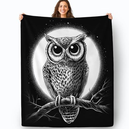 Kuscheldecke 180×200 cm, Nahaufnahme Eule Mond Äste Bedruckte Flauschige Wohndecke für Sofa, Couch und Bett, Schwarz, Weiß Flanell Fleecedecke als Tagesdecke oder Sofa Überwurf, weiche Wohnzimmerdecke