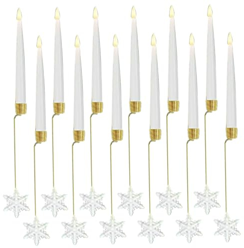 Peosaard Velas navideñas sin llama, 12 velas de árbol de Navidad con control remoto, parpadeo sin llama LED cónico con ganchos de copo de nieve, luz blanca cálida para fiesta en casa, parpadeo
