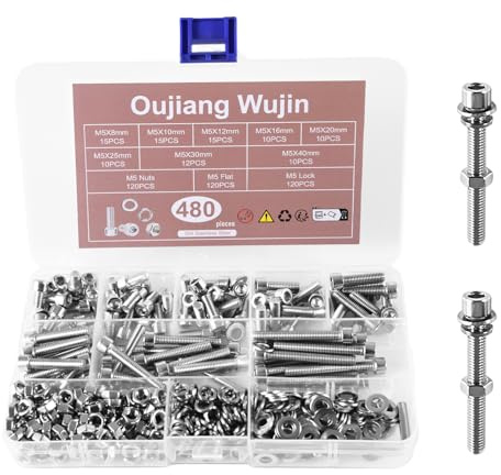 oujiangwujin 480 M5 Schrauben- und Muttern-Set, Sechskantschrauben, zylindrische Schrauben und Muttern mit Unterlegscheiben, Edelstahlschrauben für mechanische Anwendungen, geeignet für Möbelmontage u