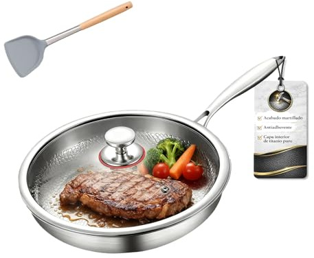Genérico 20/24/26/28/30 cm Sarten Titanio, Sartén de Titanio Puro Antiadherente con Acero Inoxidable 304, Apta para Inducción y Gas (Con tapa, Diámetro-24cm)