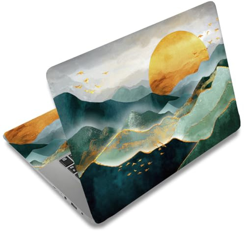 SUPERDANT 3 Stück Goldene Grüne Berglandschaft Laptop Folie 27x38cm 10.6x15.0 Zoll Kratzfeste Vinyl Hülle Entfernbar Keine Rückstände Aufkleber für 13 16 Zoll Büro Reise Geschenk