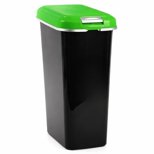 Cubo de Basura con tapa, cubo basura moderno, Cubo basura Plástico con tapa plegable, Contenedor residuos, 51.5 cm Altura x 22 cm ancho x 37 cm largo, Capacidad 25 Litros, Color negro tapa verde