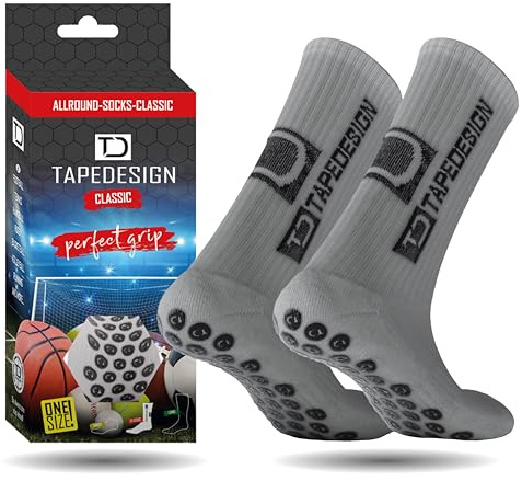 Tapedesign - Classic 1 Pair Non-Slip Football Grip Socks Light-Grey (Size 5-14) Men, Women & Kids - Soccer Socks for Adults & Youth (Unisex) - Anti-Slip Sport Socks for Basketball, Tennis & Running