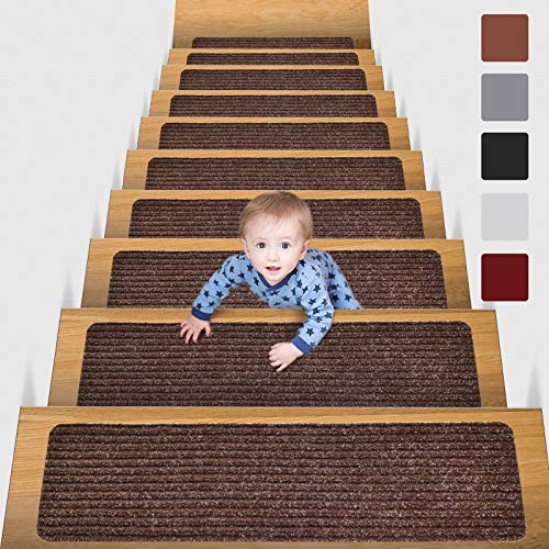 MBIGM Lot de 15 Marchettes d'escalier, 20 x 76 cm Tapis De sécurité Antidérapant Tapis d'intérieur Antidérapant pour Enfants, Aînés et Animaux De Compagnie avec Adhésif Réutilisable, Marron