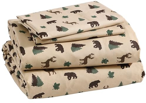 Beatrice Home Fashions Set di lenzuola rustiche in microfibra, 4 pezzi, con tasca profonda, per cabina, capanna, orso, cervo, verde, marrone chiaro
