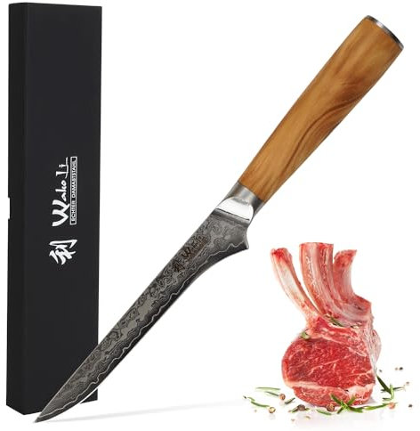 Wakoli Oribu Filetiermesser Ausbeinmesser 14 cm Klinge aus 67 Lagen Damaststahl mit AUS-10 Kern, Olivenholzgriff, ergonomisch, für Fleisch und Fisch, Profi Küchenmesser Geschenkbox, scharf & langlebig