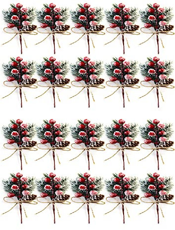 SFTYUFS 20 Stück Weihnachtsbeeren rote Stiele immergrüne Tannenzweige Weihnachten Spieß Spray künstliche Tannenzapfen Stechpalmen-Stiel Handwerk für Dekoration DIY Weihnachten Girlande Handwerk