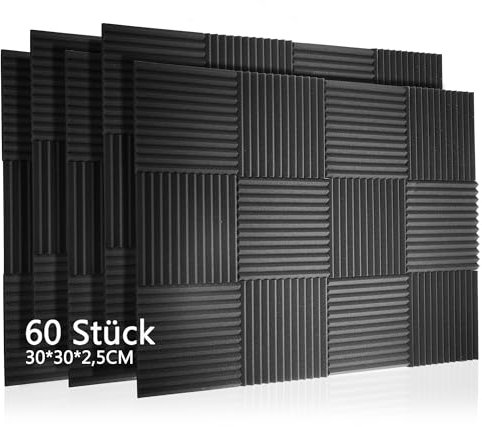 60 Stück Akustikschaum Akustikschaumstoff Matten Schaumstoff Fliesen Schallschutzmatte Schalldämmende für Wand, Studio, Podcasts, Aufnahmestudios, Büro, Akkustik 30x30x2,5cm (60 Stück)