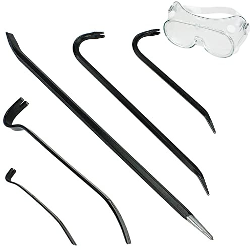 Spares2go 5 Piece Crowbar, Long Wrecking Rod & Flat Pry - Crow Bar Set (60cm 45cm 38cm 30cm 18cm) + Safety Goggles