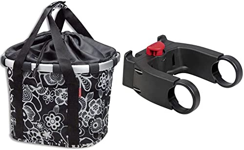 KlickFix Fahrradtasche Bikebasket Fleur, schwarz, 26 x 35 x 28 cm, 15 litres & Unisex Zubehör Lenkeradapter, Schwarz (Model 0211EB), One Size Ohne Schloss EU