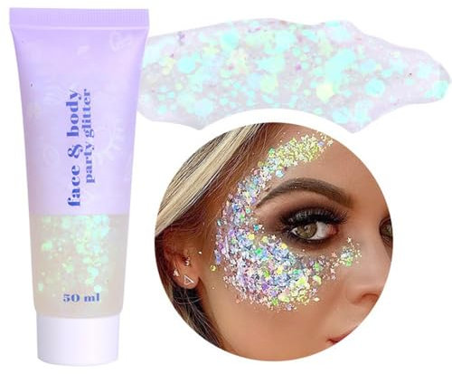 Beliky Girl Körper-Glitter-Gel,gesicht glitzert körper gel pailletten schimmernder Flüssiglidschatten,Meerjungfrau Pailletten Flüssig Holographisches Gel Chunky für Gesicht Haare Nägel (Weiß)