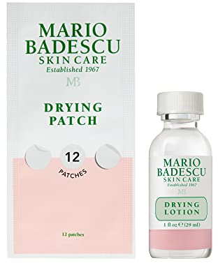 Mario Badescu AM/PM Blemish Kit, Includes Drying Lotion Spot Treatment with Salicylic Acid and Sulfur (1 Fl Oz) AND Drying Patch Facial Stickers, Invisible Pimple Patches (12 Count)