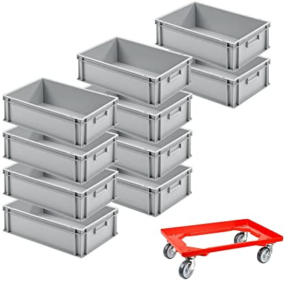 SparSet 10x Eurobehälter mit geschlossenem Griff & 1x Transportroller Rot | HxBxT 17,5x40x60cm | 30 Liter | Eurobox, Transportbox, Transportbehälter, Stapelbehälter