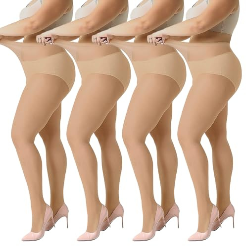 Yilanmy Women's Plus Size Tights 20D Sheer Nylon Pantyhose 4 Pairs