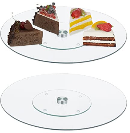 Relaxdays Tortenplatte 2er Set, 360° drehbar, ∅ 30 cm, zum Servieren & Dekorieren, runde Kuchenplatte, Glas, transparent