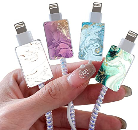 Marble Cable Protector for iPhone Type-c Charger,Sparkle Bling Marble Pattern 4 PCS Set Cable Protector for Women Girls Kids,Cable Chomper,iPhone Charger Saver-Blue/White/Green/Purple
