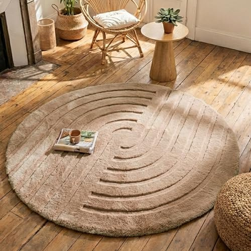 FRAAI | Home & Living Hochflor Teppich Rund - Carvy Curves Taupe - Ø 100 cm - Boho, Modern, Skandinavisch - Wohnzimmer, Esszimmer, Kinderzimmer, Schlafzimmer, Babyzimmer - Fellteppich