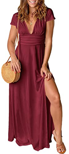 QUNERY Vestido Largo Mujer Manga Corta Vestido Mujer Verano Elegante Vestidos Cuello en V Dividido Verano para Fiesta en la Playa Rojo Vino XL