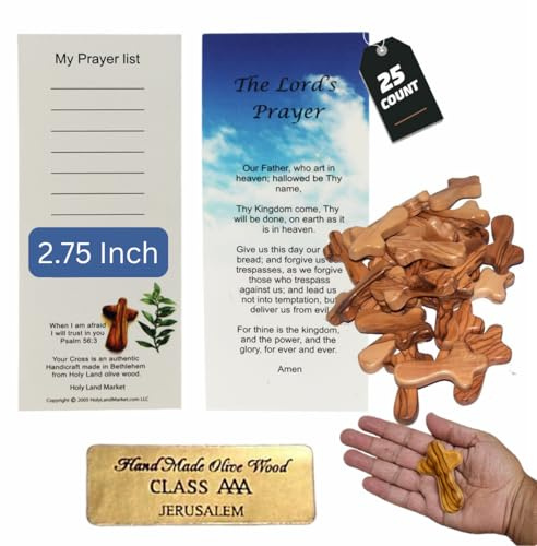 Holy Land Market Olive Wood Pocket Crosses - 2.75 in, Handmade in Bethlehem, 25 Pack of the Holy Land Olive Wood Cross with Certificates (25 Crosses from the Holy Land)