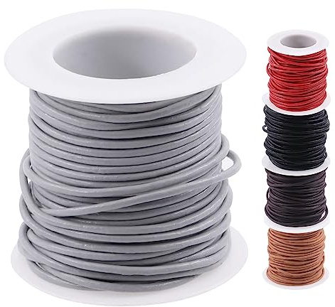 Swpeet 1 rotolo di corda in pelle grigio chiaro, 2 mm x 9,9 m, per artigianato, gioielli, corda in pelle grezza naturale per la fabbricazione di gioielli, lacci, braccialetti intrecciati, applicazioni