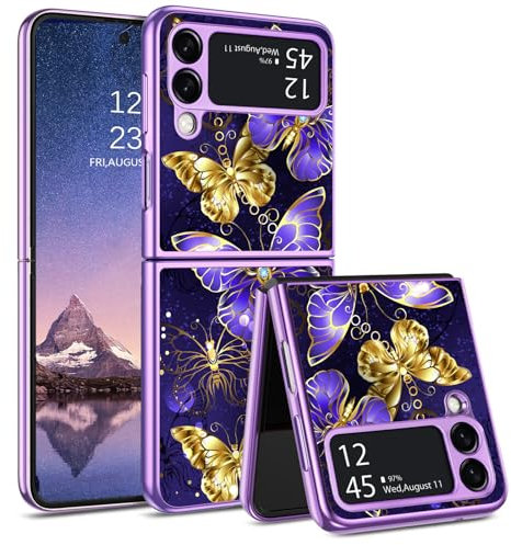 YINLAI für Samsung Galaxy Z Flip 3 Hülle,Handyhülle Samsung Z Flip 3 Muster Leuchtet im Dunkeln TPU Bumper PC Schale Kratzfest Cover Case Schutzhülle für Samsung Galaxy Z Flip 3 5G,Schmetterling Lila