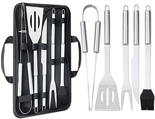 Liujiami 5Pcs Professional BBQ Tools Set with Storage Bag - Thickened Stainless Steel BBQ Accessories Set - Spatula, Fork, Basting Brush, Table knife, Tongs Best for Grilling
