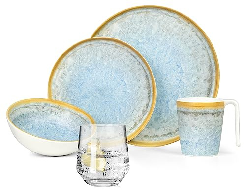 Vaisselle de camping en mélamine pour 4 personnes Bleu cristal + 4 verres Milano