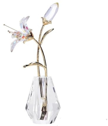 Hobbyme Flores de lirio de tigre de cristal con jarrón de cristal, tallo de metal, lirio rosa, regalos coleccionables para mujeres, flores de lirio de vidrio, figuras florales artificiales para