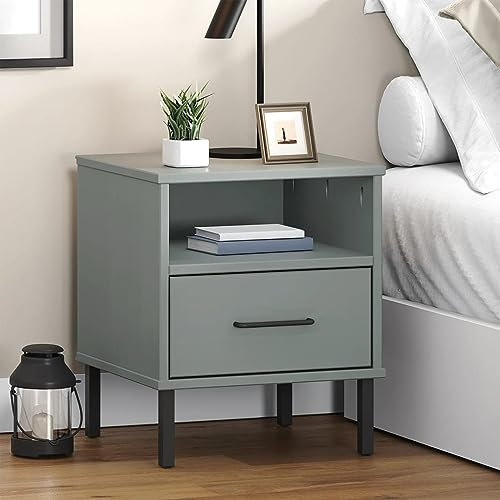 LAPOOH Nachttisch Oslo mit Metallbeinen, Nachtschrank, Nachtkonsole, Bedside Tables, Beistellschrank, Nachtkästchen, Nightstand, Nachtkommode, Grau Massivholz Kiefer