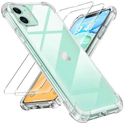 Tentoki 3 in 1 Cover e Vetro Temperato per iPhone 11, [Cuscino d'Aria Integrato] TPU Custodia Protettiva Antiurto Ultrasottile,previene l'ingiallimento,pellicola iPhone 11,Trasparente