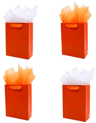 JUNESHE Kleine Geschenktüten mit Griffen und Seidenpapier, 4 Stück, kleine orangefarbene Geschenktüten für Weihnachten, Urlaub, Einkaufen, kleine Unternehmen, Brautparty, Hochzeit, Babypartys