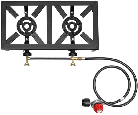Portable Burners Outdoor BBQ Camping Gas Stove Double Burner BBQ Portable Grillwith Adjustable 0-10Psi Regulator Hose for Patio Camping, BBQ, Home Brewing, Turkey Fry, Maple Syrup Prep
