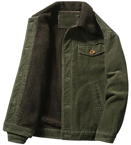 Juneyou Herren Cordjacke mit Stehkragen, verdicktes Sherpa-Futter, warmer Mantel mit Taschen, armee-grün, XS