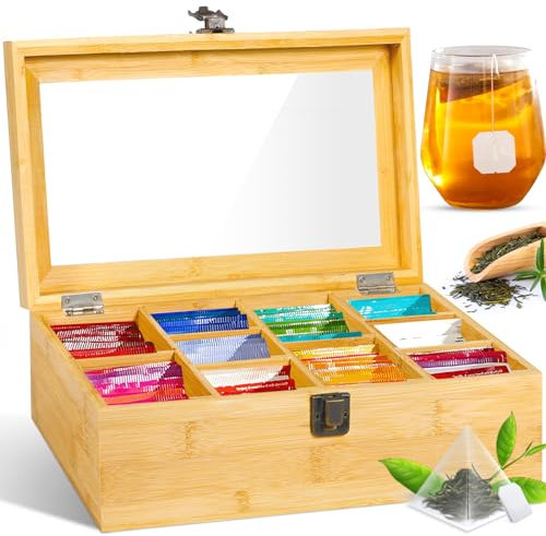 GUHAOOL Scatola da tè, Scatola Porta tè e Tisane 10 Scomparti 29.5 x 16 x 9 cm, in Legno, con Coperchio in Vetro Acrilico, Porta Tisane Bustine Porta Tisane Legno, Ideale per Bustine da tè, Naturale