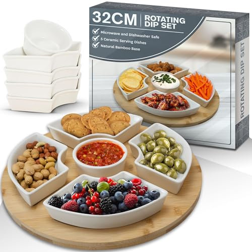 LaDonna Rotating Dip Set with Lazy Susan Turntable Wooden Tray - Ceramic Bowls Set of 5 Serving Platter - Dining Table Centrepiece - Serving Platters for Parties, Dips & Snacks