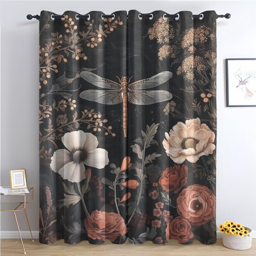 SZLYZM Libelle Vorhänge, Verdunklungsvorhänge mit Muster Blumen, Vorhang Blickdicht mit Ösen, Gardinen für Wohnzimmer Schlafzimmer Kinderzimmer Deko 2er Set - 220x140 (H X B)