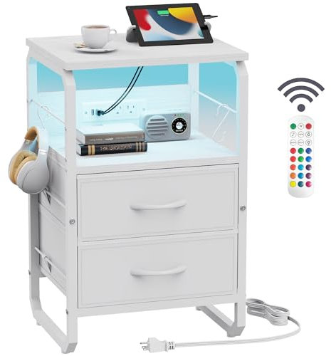 RunJuly White LED Nightstand with Charger Station, Bedside Table with Storage & Hooks, End Table with USB & Outlets, 11.8 x 15.7 x 24.4
