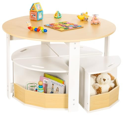 Yorbay Kindertisch mit 4 Stühlen: 5 Teilige Kindersitzgruppe aus Holz mit 4 Stauraumhocker - Kinder Tisch Stuhl Set - Maltisch mit Stauraum Kindermöbel Sitzgruppe für Kinder ab 3 Jahren (Natur)