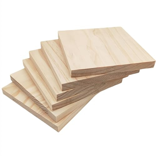 Unlackierte quadratische Holzblöcke zum Basteln, 15 x 15 x 1,5 cm, blanko, Kiefernholzbretter für Holzschnitzerei, DIY-Untersetzer, Malen und Brennen, 6 Stück