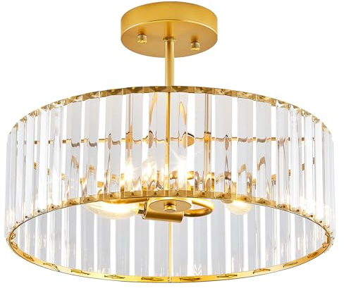 Qamra Moderne Deckenleuchte Gold Kristall Lampenschirm Deckenlampe 40 CM | Metall Rund 3 Flammig Hängend Lampe für Schlafzimmer Wohnzimmer Küche Flur Esszimmer E14(Glühbirnen nicht enthalten)