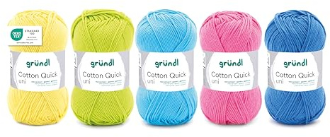 Gründl Filato Cotton Quick uni - filato sottile per uncinetto e maglia - filato lucido e delicato sulla pelle - 100% cotone - 5 gomitoli da 50 g / 125 m - ferri e uncinetto n. 3-4 - Mix Estivo