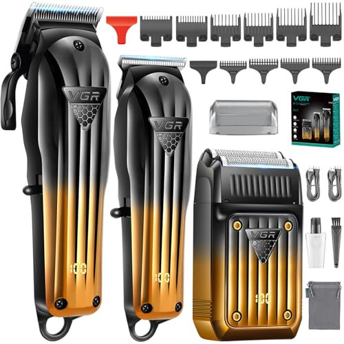 VGR 644 Cortapelos Profesional para Hombres, Recortadora de Barba Inalámbrica & Afeitadora Eléctrica, Kit de Corte de Cabello Recargable de 3 Piezas con Pantalla LED