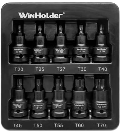 WinHolder Juego de 10 llaves de vaso hexagonales Torx de impacto de 1/2 pulgada TRX Star Sockets T20 a T70