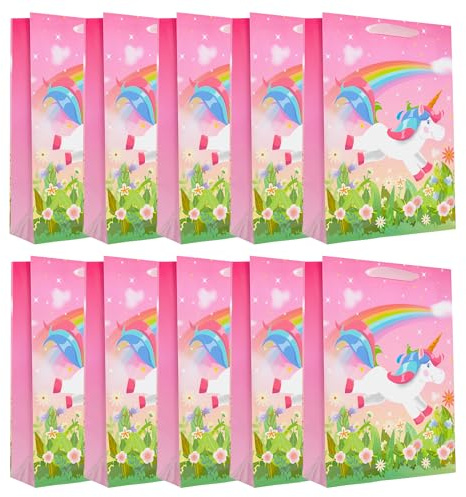 Idena 30482-10 - Geschenktüten Einhorn, 10 Stück, Geschenktasche in der Größe 25 x 34 x 9 cm, Papiertüten in Pink mit einem Einhorn