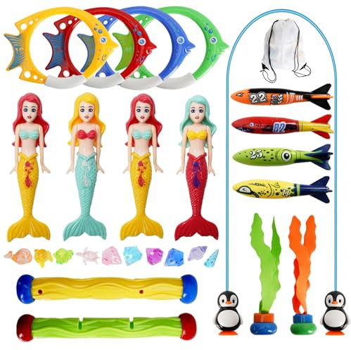 LURICO Giocattoli da Immersione, 28 Pezzi Giochi Piscina Bambino, Anelli da Immersione Piscina, Subacqueo Giocattolo, Giocattolo Subacqueo, con Bastoncini Dive Siluri, Sirena, Gemme Colorate