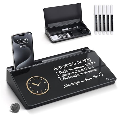 TOWON Small Glass Desktop Whiteboard with Storage – 30 x 17 cm Dry Erase Board for Desk, Home Office, School | Includes 5 Markers, Eraser & Holder | Space-Saving Organizer, Aesthetic Black Design